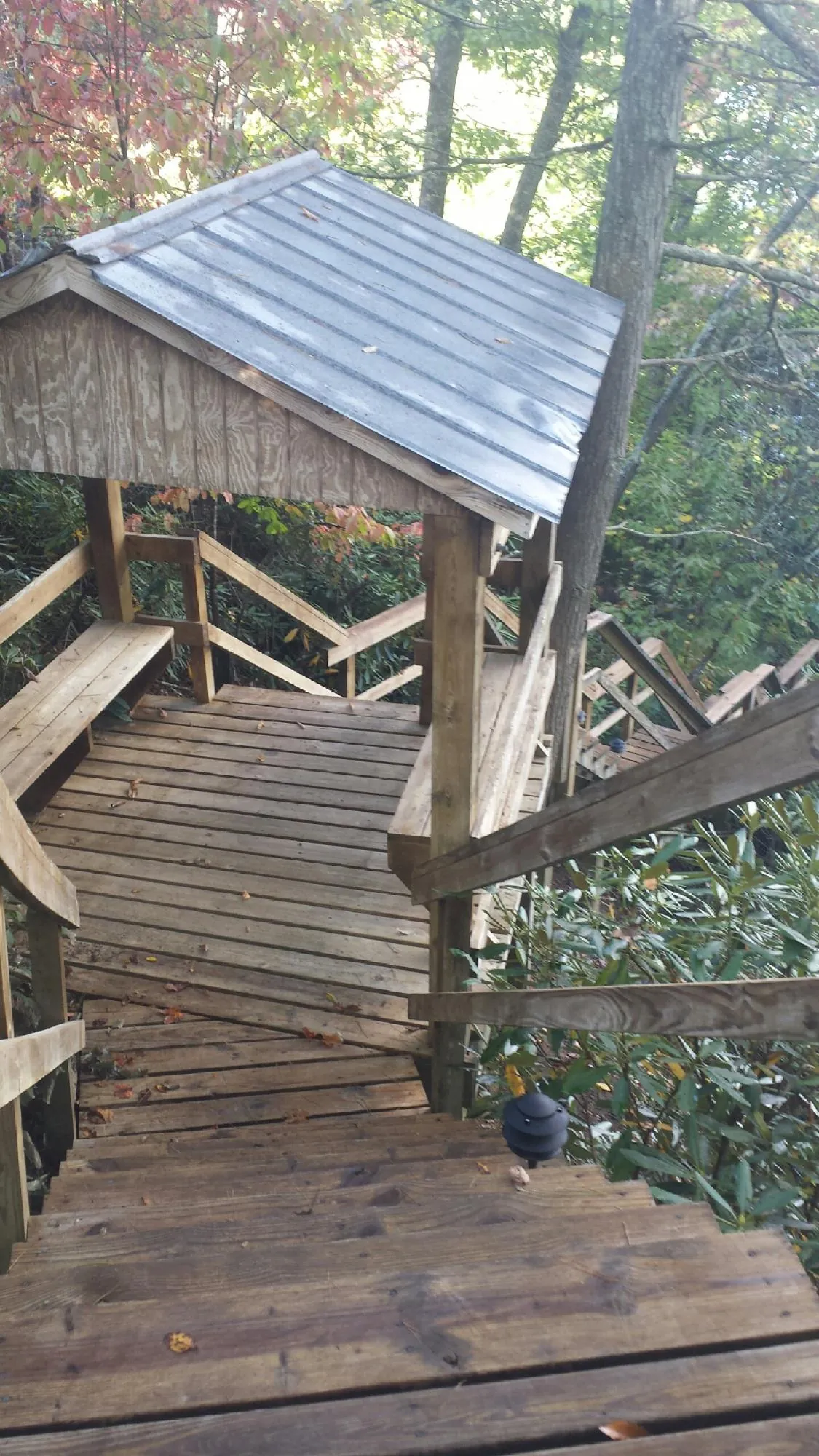 Metal roofed shelter over wooden steps on a wooded walkway — Skylight Repair & Installation work by our crew in Piney Point